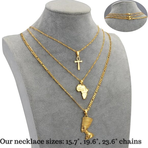14k Gold Nefertiti Necklace with Ankh Africa Map Sterling Silver Chain Jewelry - Picture 5 of 7